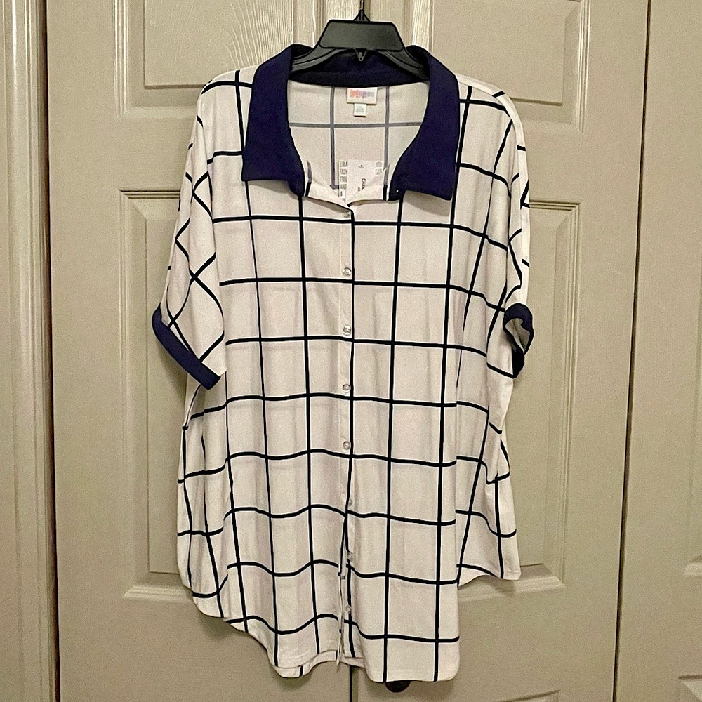 LuLaRoe Charlie Button Front Top White with Blue Stripe Details & Blue C…